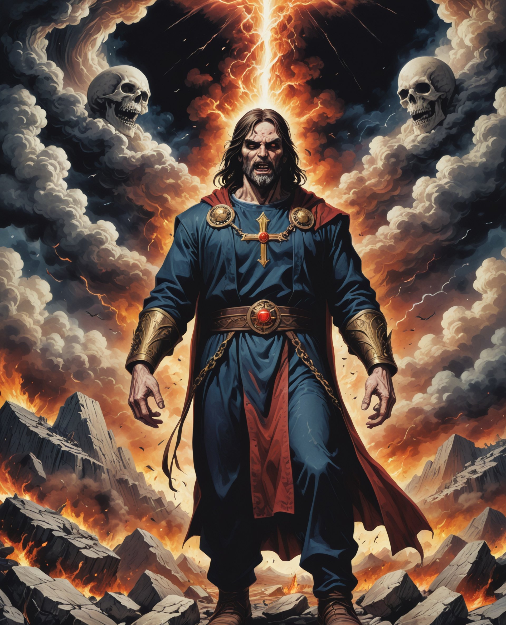 A dark, apocalyptic scene depicting an ominous figure resembling the Antichrist, surrounded by storm clouds, skulls, and fiery destruction, blending biblical and demon imagery in AI art.