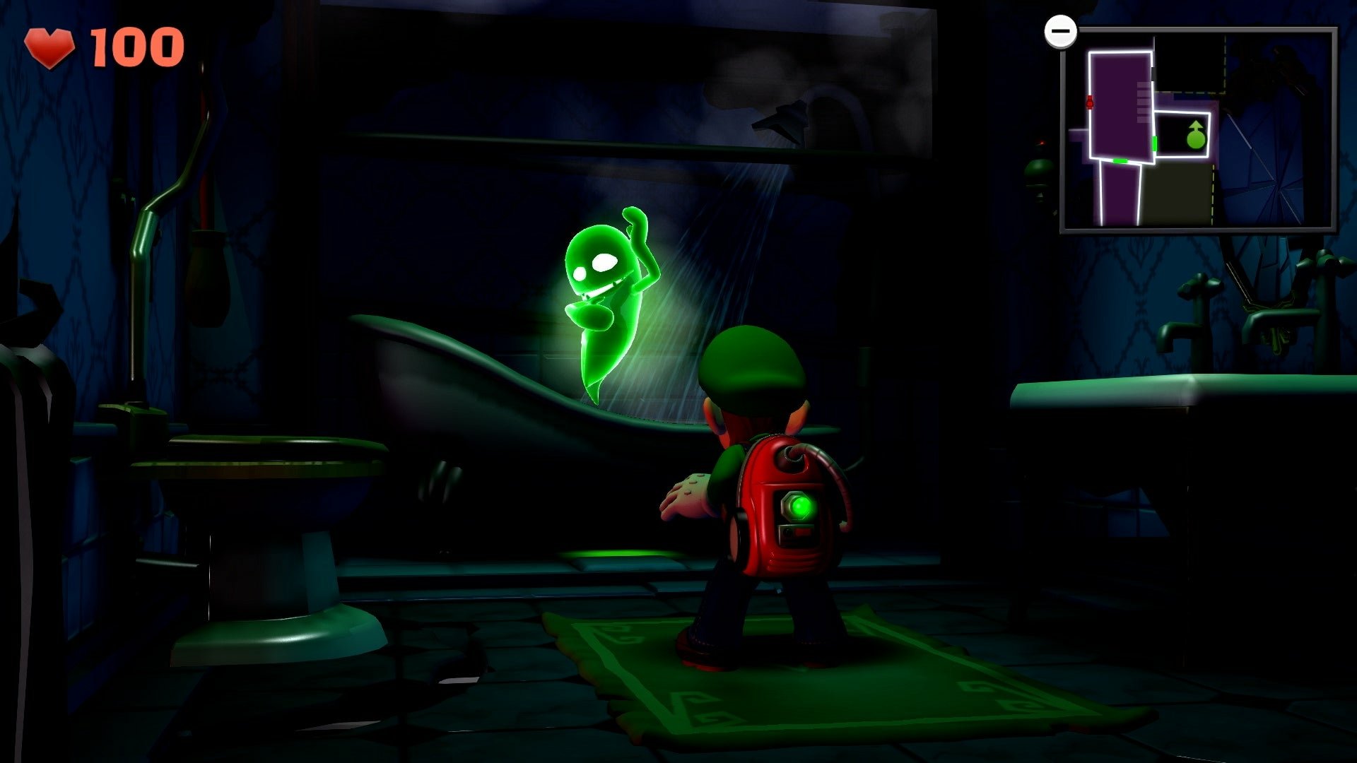 Luigi confronts a glowing green ghost in a dark bathroom setting in the video game Luigi's Mansion 2. The interface displays a health meter and a mini-map on the screen.