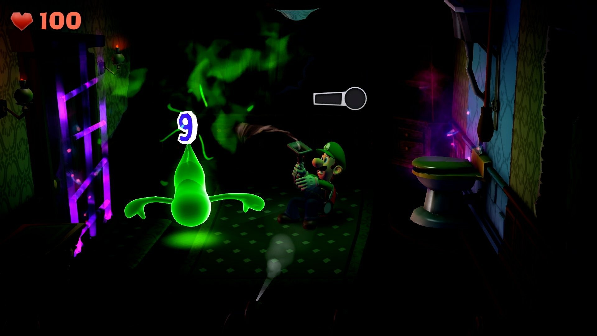 Luigi engages with a glowing green ghost in a dark, eerie room in Luigi's Mansion 2. The health indicator shows 100, and a flashlight icon is visible in the HUD.