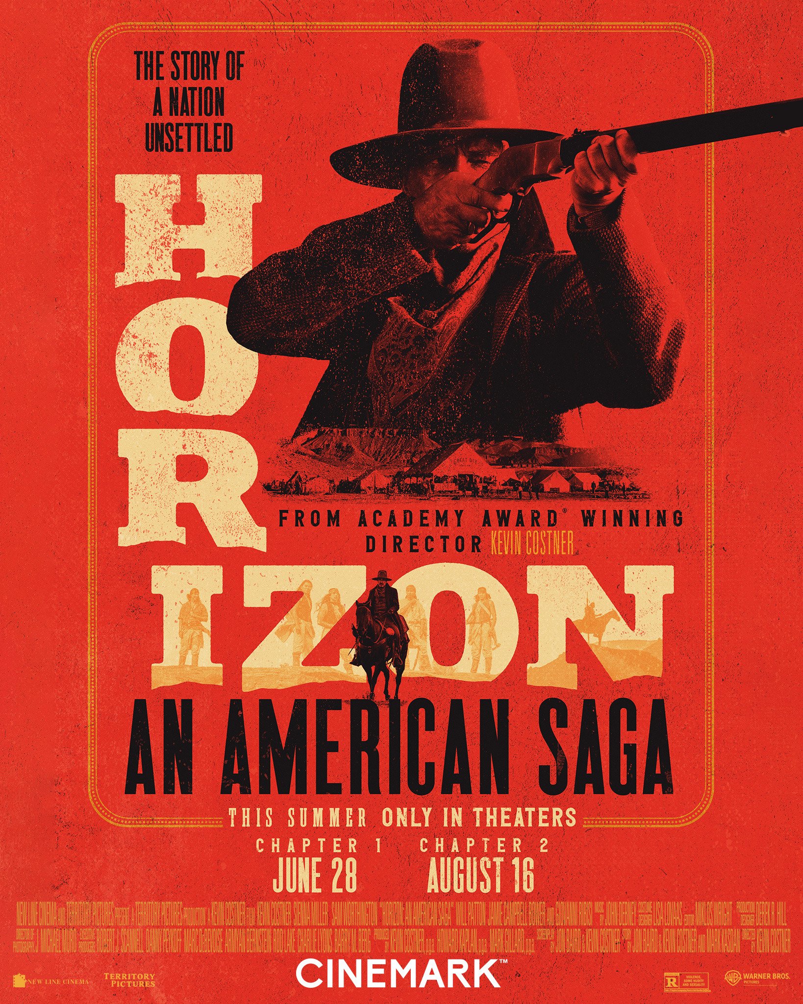 A promotional poster for the movie Horizon: An American Saga - Chapter 1 featuring a cowboy aiming a rifle, with text detailing the film as The story of a nation unsettled and release dates.