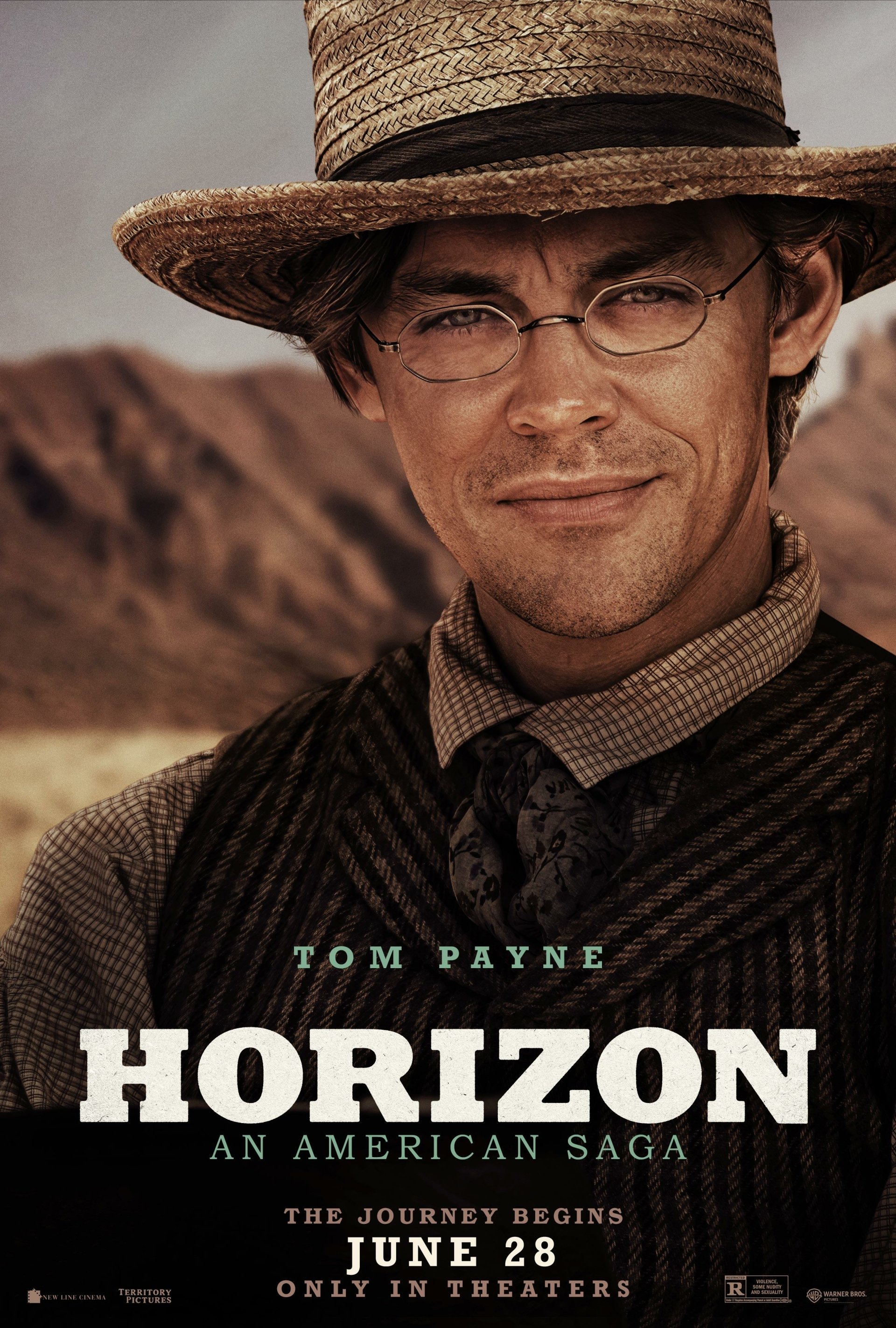 Movie poster for Horizon: An American Saga - Chapter 1 featuring Tom Payne in historical attire with mountains in the background. Text reads The journey begins June 28 only in theaters.