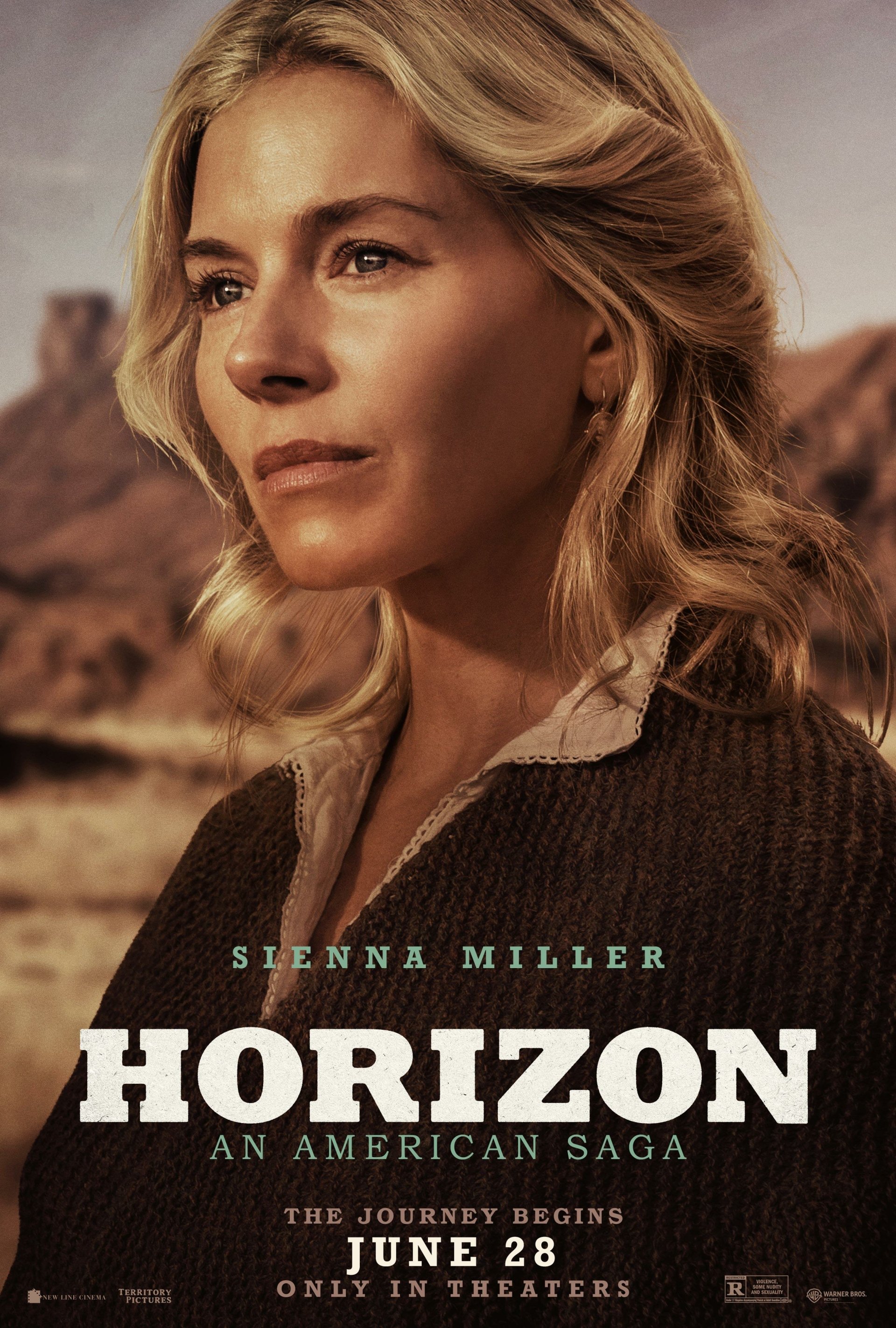 Movie poster featuring Sienna Miller for Horizon: An American Saga - Chapter 1. The release date is June 28, with only in theaters highlighted. The background depicts a mountainous landscape.