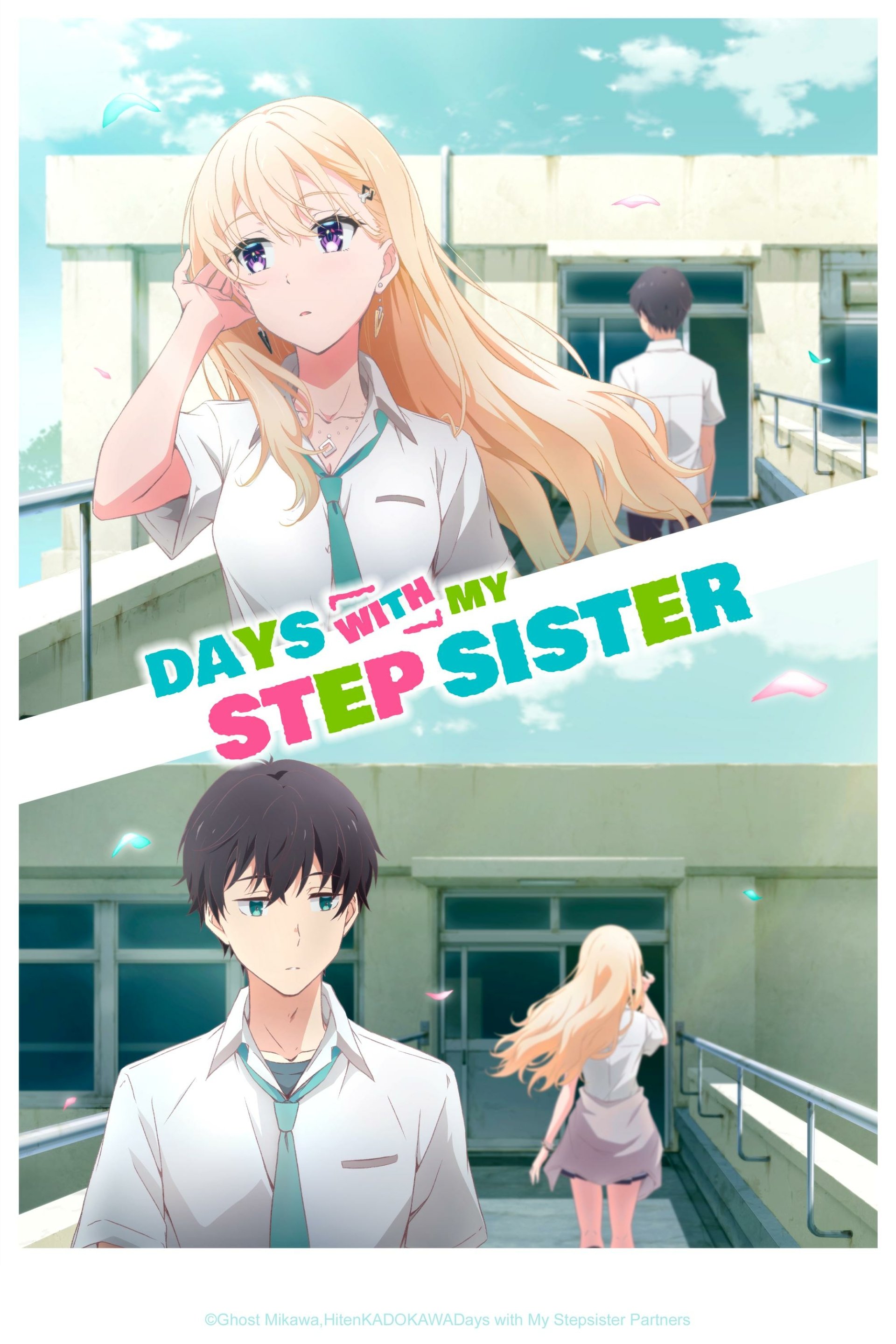 Anime poster for Days with My Stepsister, featuring a blonde girl and a dark-haired boy in school uniforms on a rooftop. The girl appears thoughtful, while the boy watches her as she walks away.