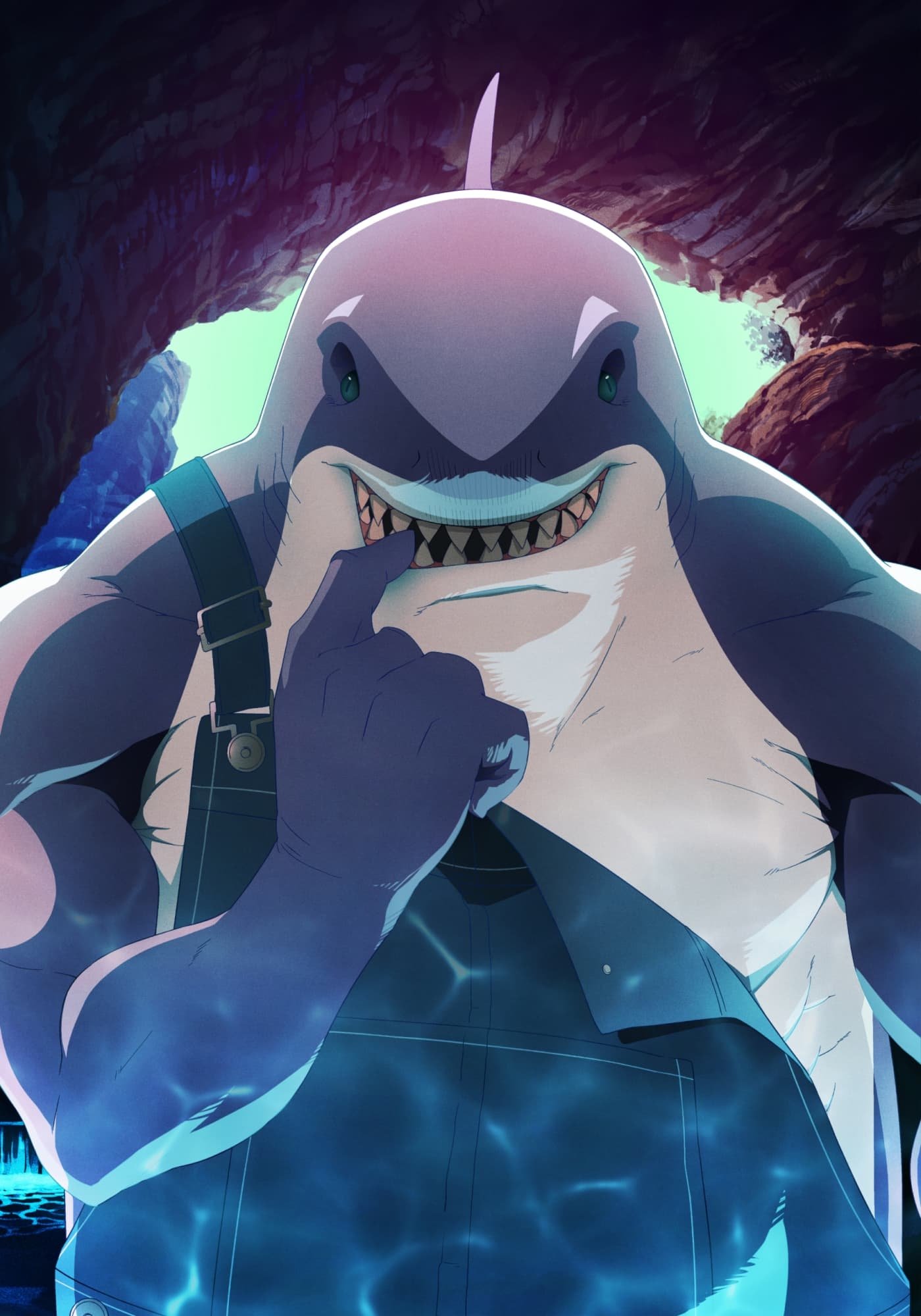 An anime character from Suicide Squad Isekai, depicting a muscular humanoid shark smiling menacingly in a dark cave illuminated by blue light.