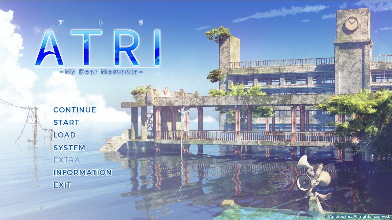 Title screen of the video game ATRI -My Dear Moments-, featuring a partially submerged building in a serene, water-filled environment with gameplay menu options on the left.