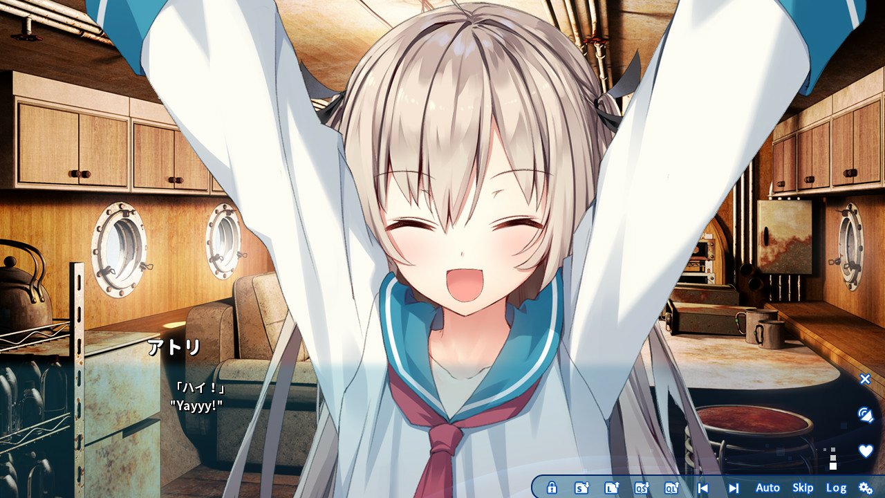 A cheerful character from the video game ATRI -My Dear Moments- is smiling widely with arms raised in a cozy, nautical-themed room filled with wooden cabinets and porthole windows.