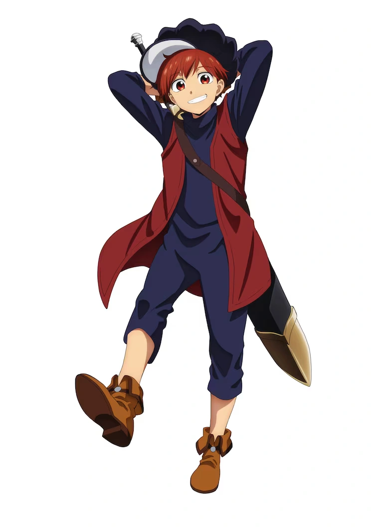 Anime character from No Longer Allowed in Another World wearing a navy outfit, red vest, brown boots, and a black hat, smiling with arms behind their head.