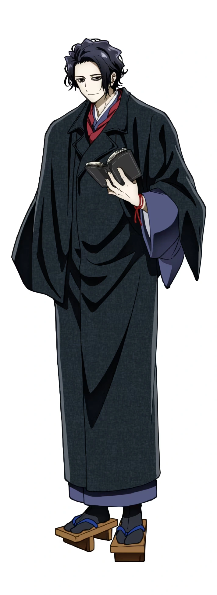 An anime character from No Longer Allowed in Another World dressed in traditional Japanese attire, holding a book and wearing geta sandals.