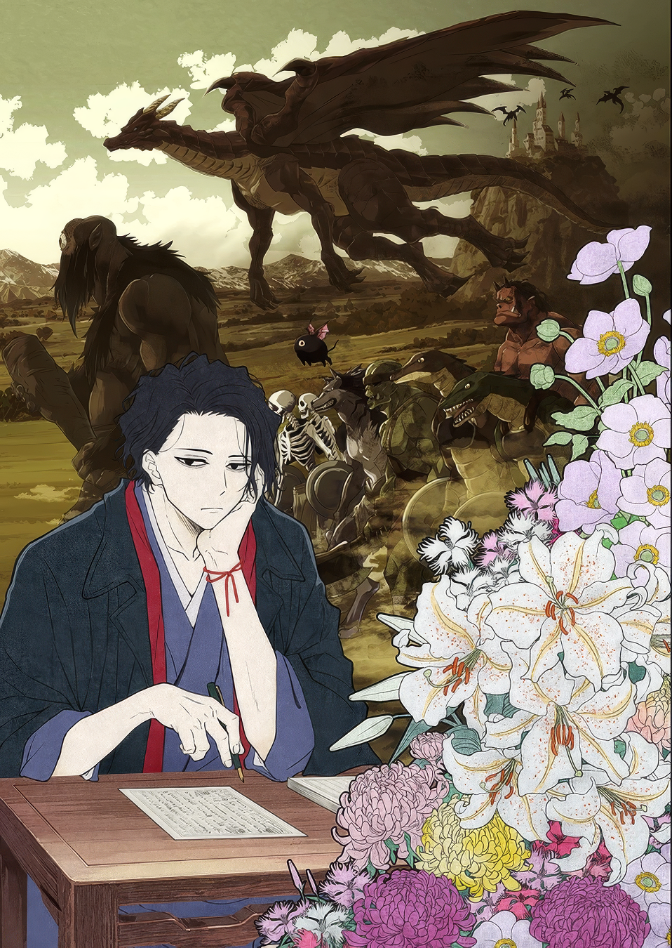 Anime character Osamu Dazai from No Longer Allowed in Another World sits at a table with a book, surrounded by flowers, while a battle scene involving various fantasy creatures unfolds in the background.
