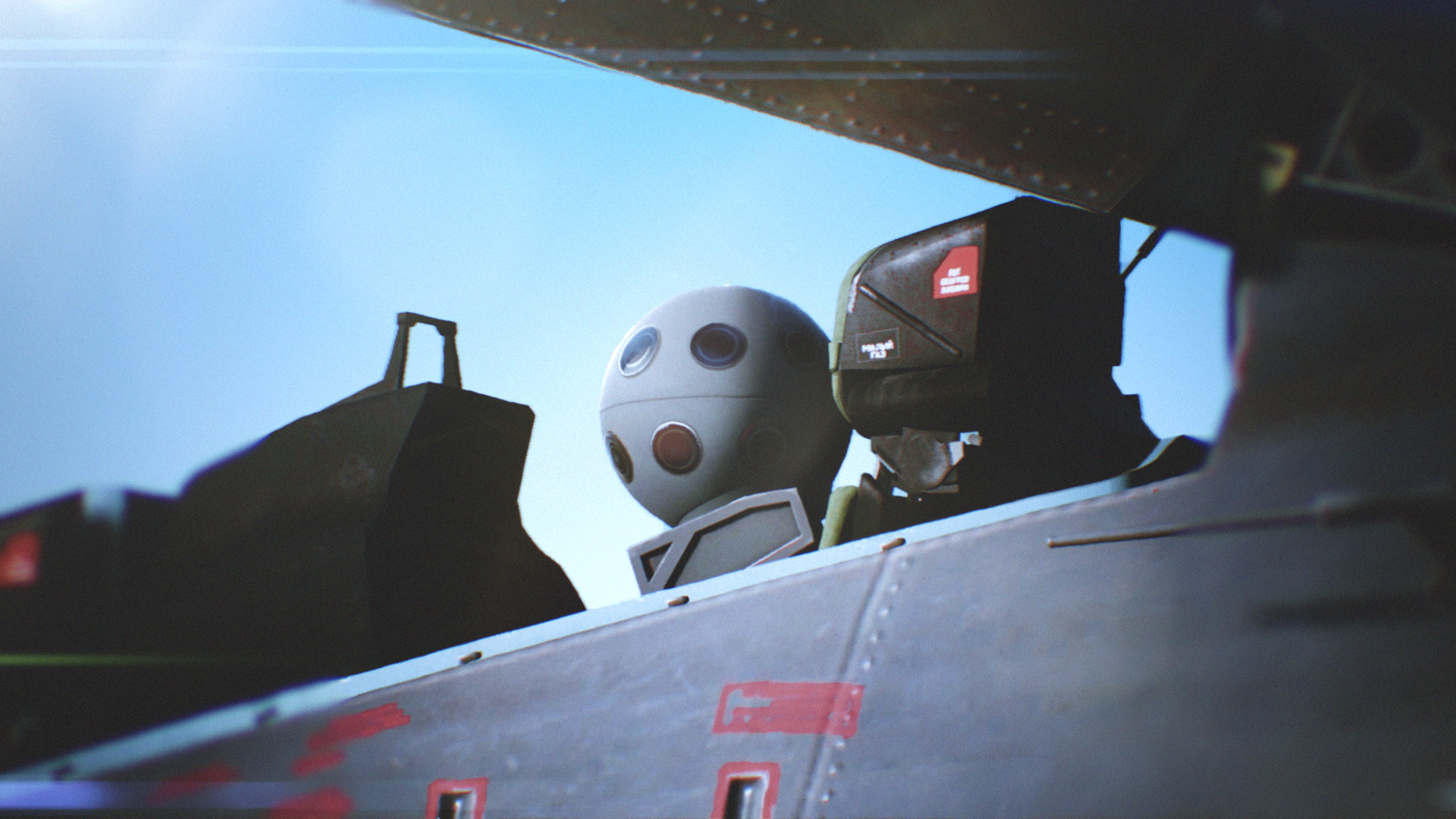 A scene from Ace Combat 7: Skies Unknown showing two characters in a cockpit, one wearing a helmet with a spherical design, and the other in standard pilot gear, under a bright blue sky.