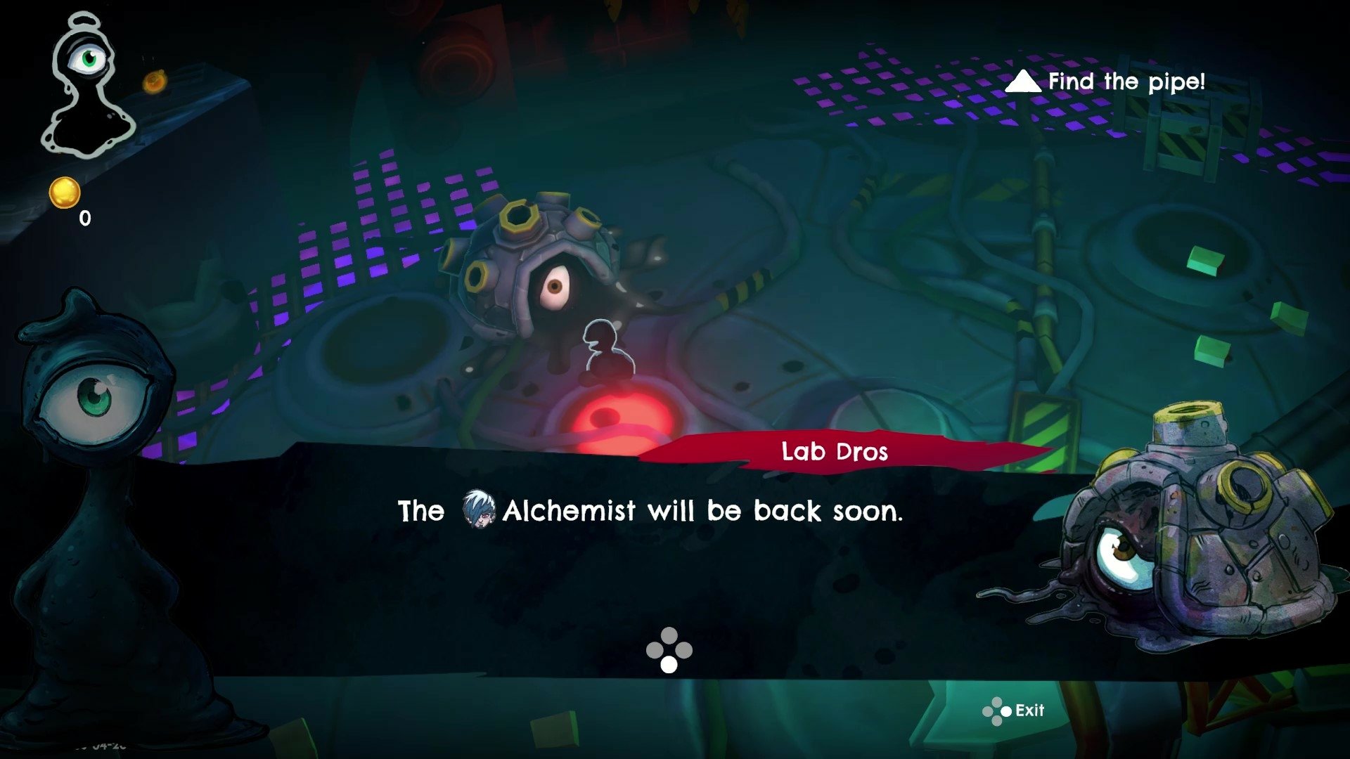 Screenshot of the video game DROS, showing dialogue from a character named Lab Dros stating, The Alchemist will be back soon. The screen also displays a quest to Find the pipe!
