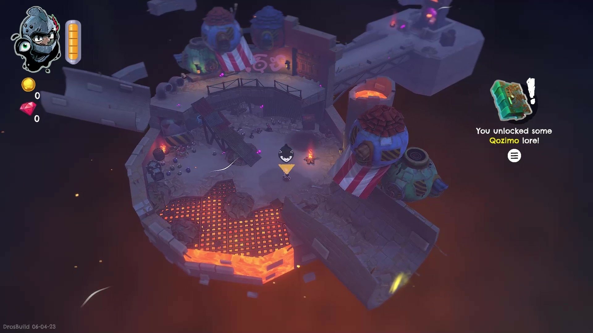 Top-down view of a level in the DROS video game, featuring a character navigating a fortress-like area with lava, structures, and a notification indicating a new zone unlocked.