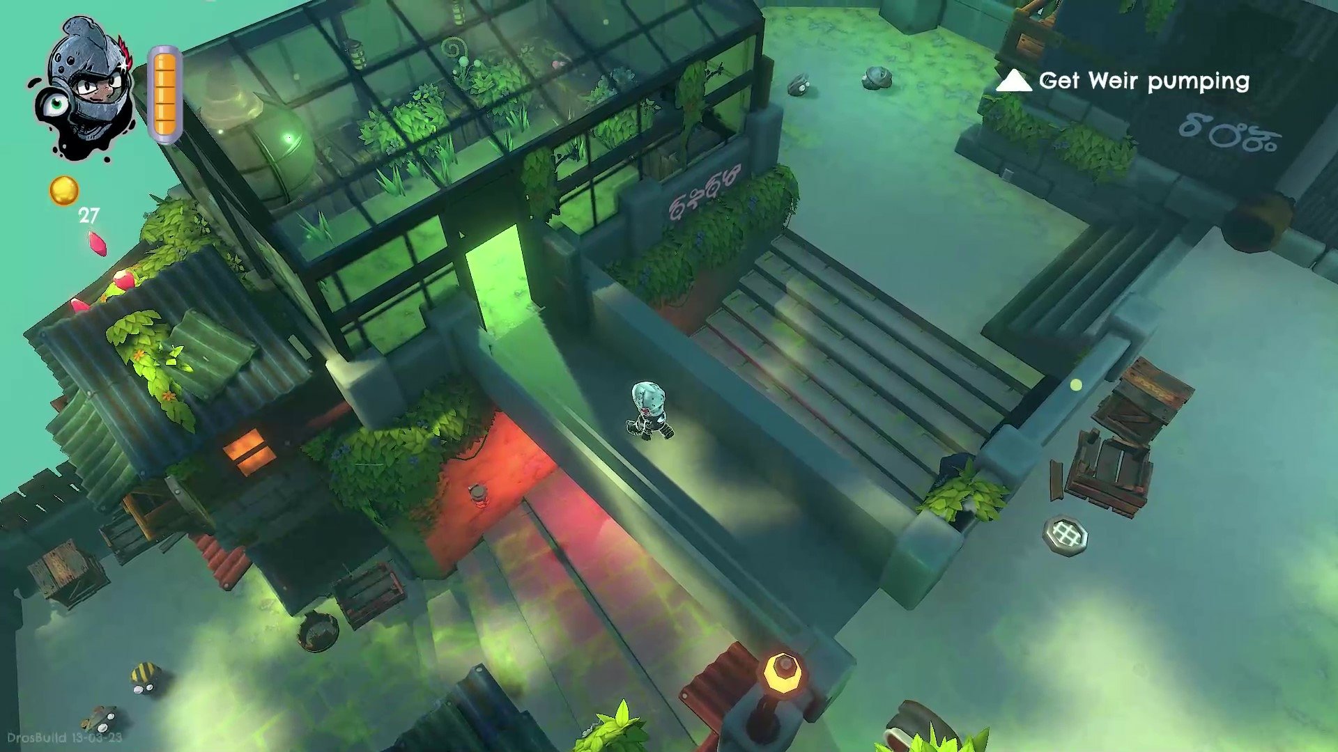 A scene from the video game DROS, showing a character navigating through a brightly lit, futuristic environment with stairs, crates, and a green, glass structure.