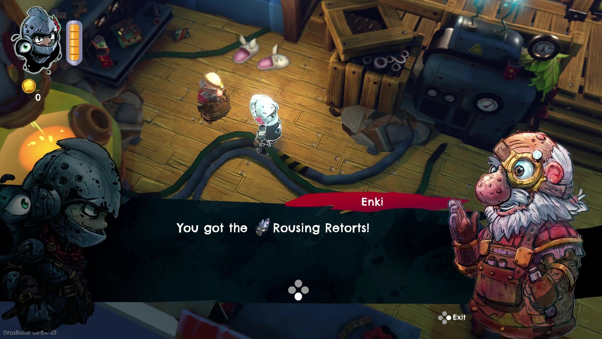 A scene from the video game DROS shows a character receiving the item Rousing Retorts from another character named Enki in a cluttered room filled with various objects and machinery.