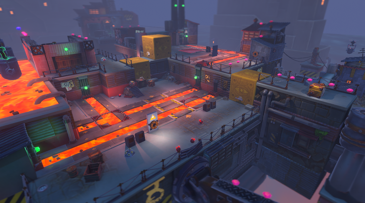 A vibrant gaming environment from the video game DROS, featuring a complex industrial level with platforms, glowing lights, and flowing lava.