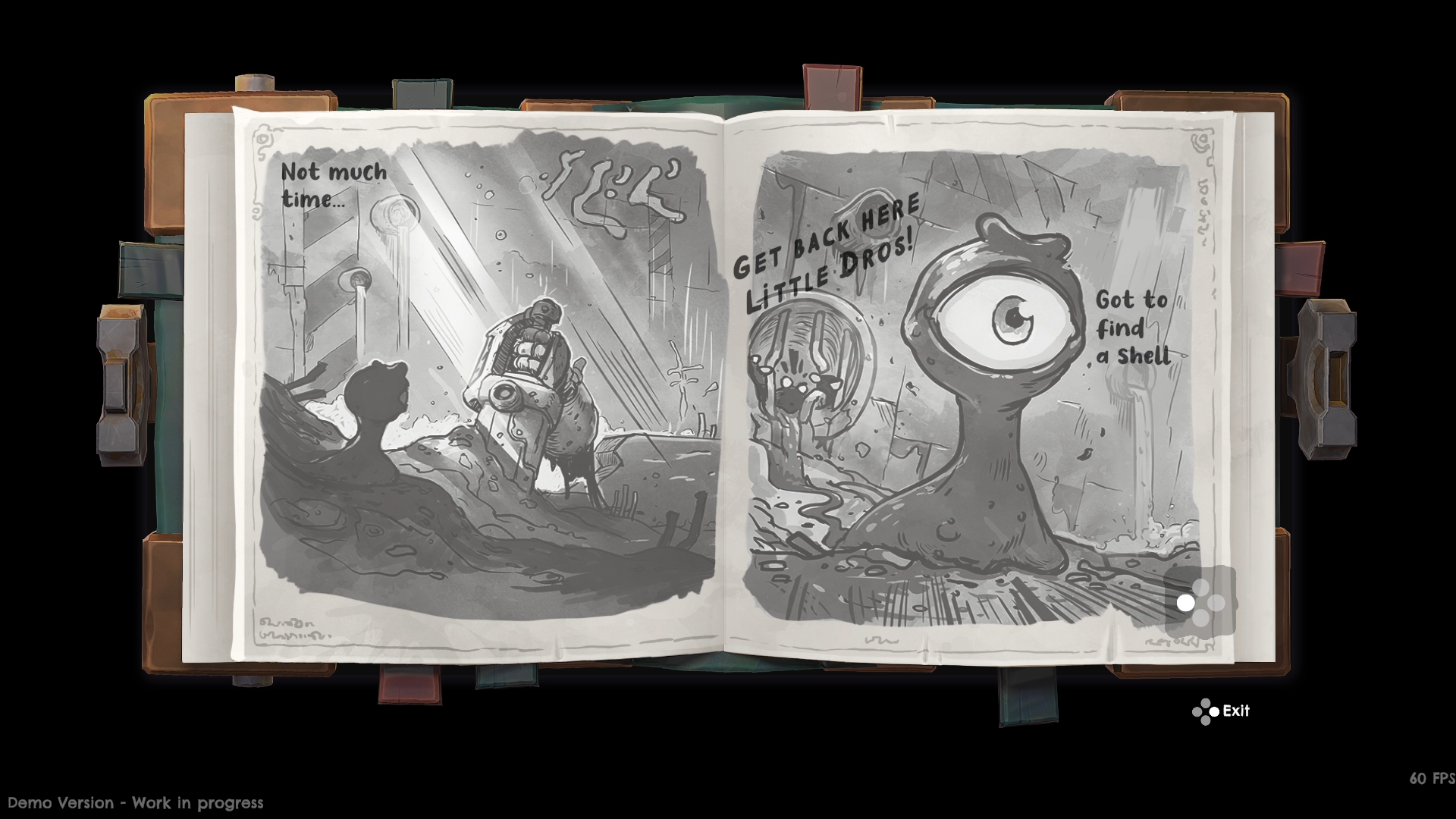 A grayscale image from the video game DROS showing an open book with illustrations and text, including characters saying phrases like Get back here little Dros and Get to find a shell!