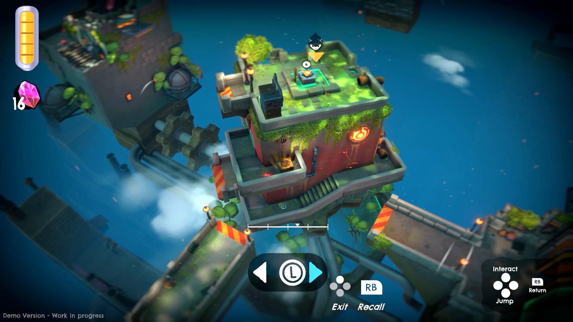 A vibrant and colorful in-game screenshot from the video game DROS. The scene features a multi-level structure surrounded by floating platforms and lush vegetation, with on-screen control icons visible.