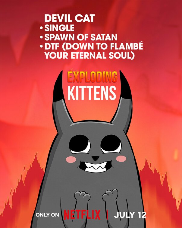 Promotional image for the TV show Exploding Kittens, featuring a devil cat character with a mischievous grin and text describing its traits. Available on Netflix from July 12.