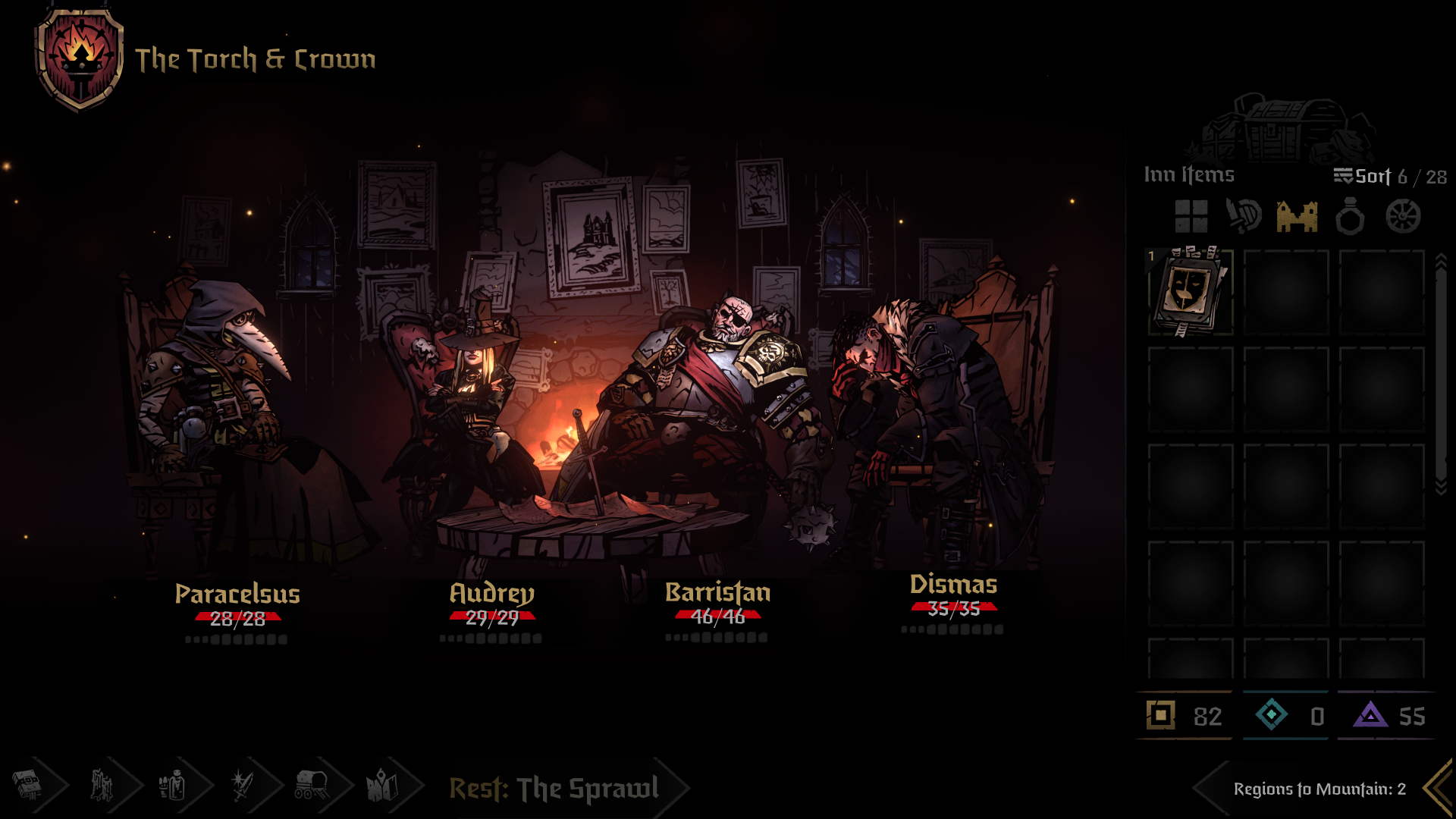 A scene from the video game Darkest Dungeon II featuring four characters named Paracelsus, Audrey, Barristan, and Dismas resting at The Torch & Crown. Their status and inventory are displayed on the right.