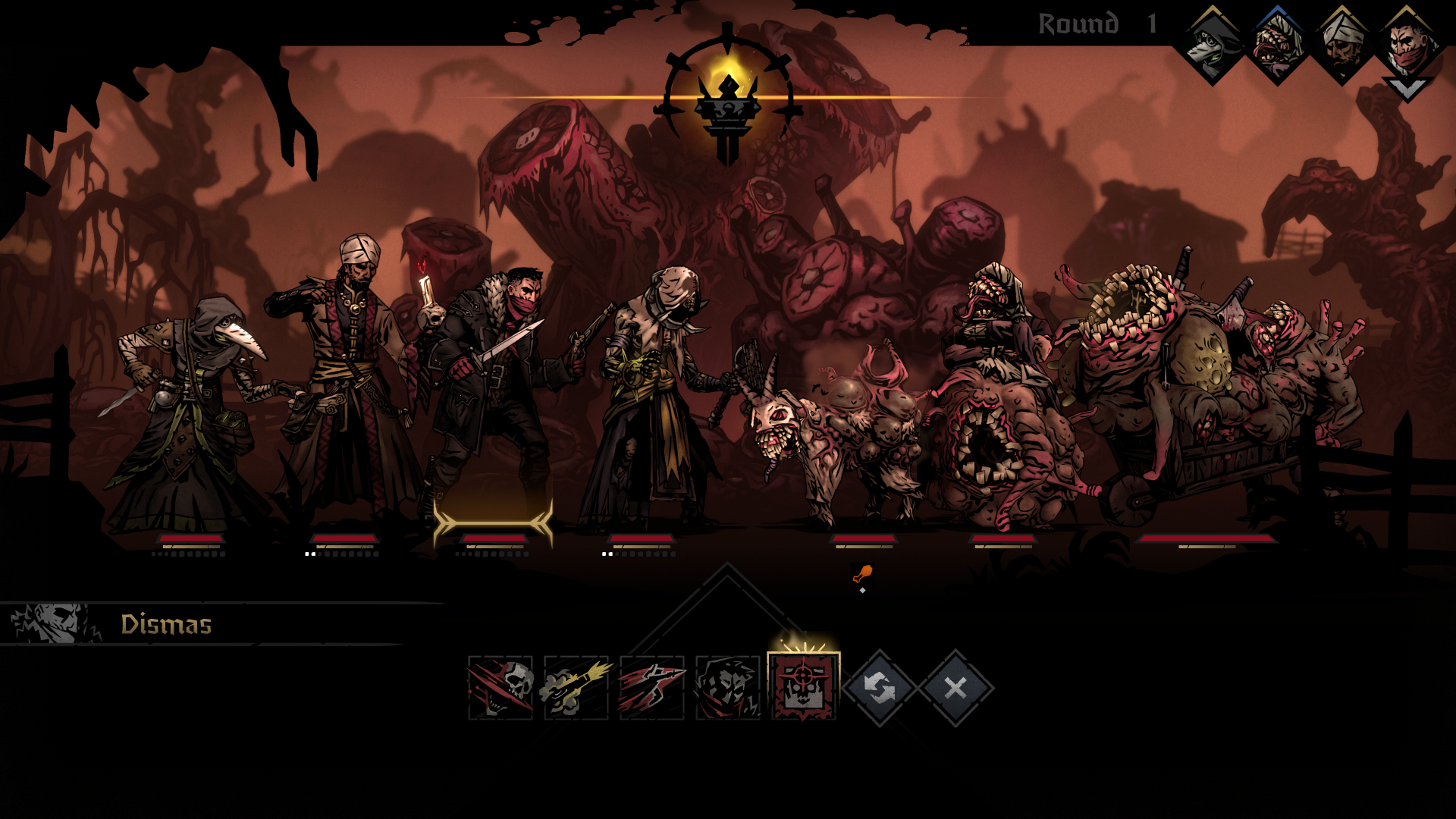 A screenshot of the video game Darkest Dungeon II, showing a battle scene with characters and monsters set against a dark, eerie background.