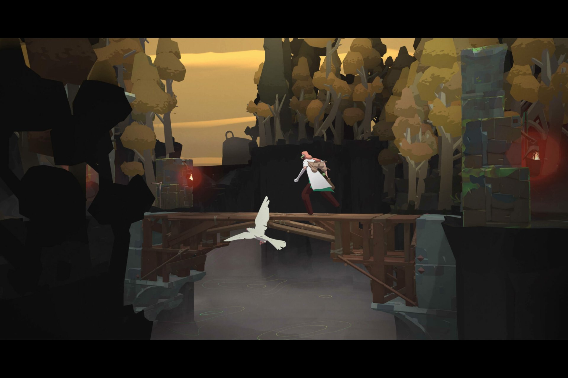A character stands on a wooden bridge in a video game scene from Cataclismo, surrounded by an autumn forest backdrop with warm lighting and a bird flying beneath the bridge.
