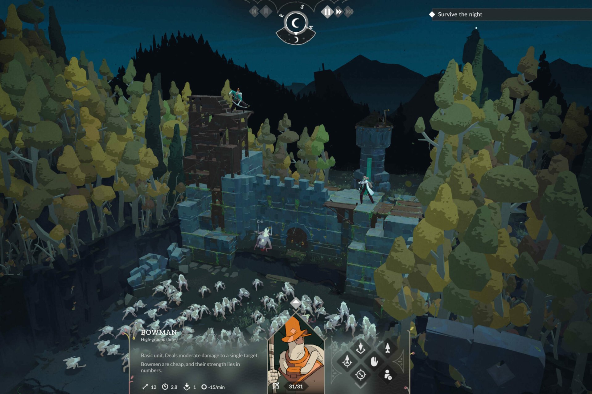 A screenshot from the video game Cataclismo shows a fortified structure under siege by numerous creatures at night. The interface displays character stats and messages.