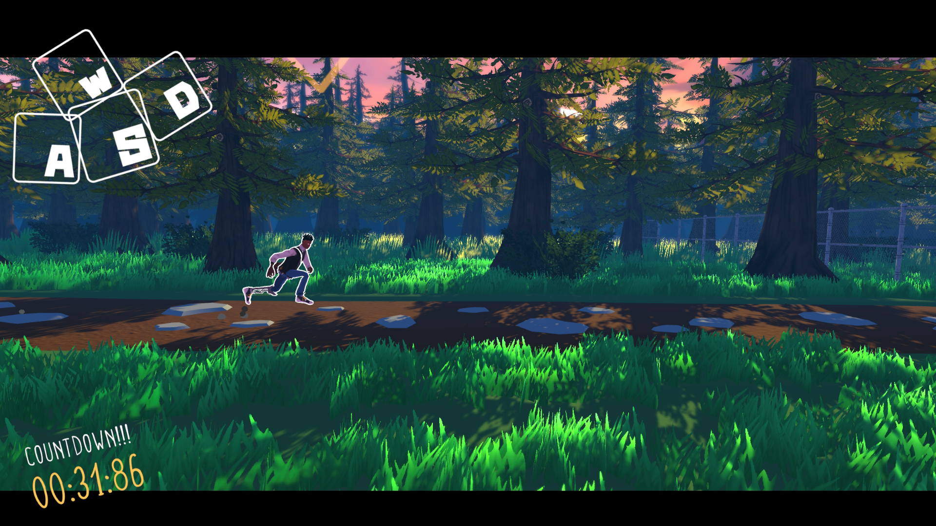 A scene from the video game Aerial_Knight's Never Yield showing a character running through a forested area. Countdown timer at the bottom left reads 00:31.86, with controls overlaid in the top left corner.