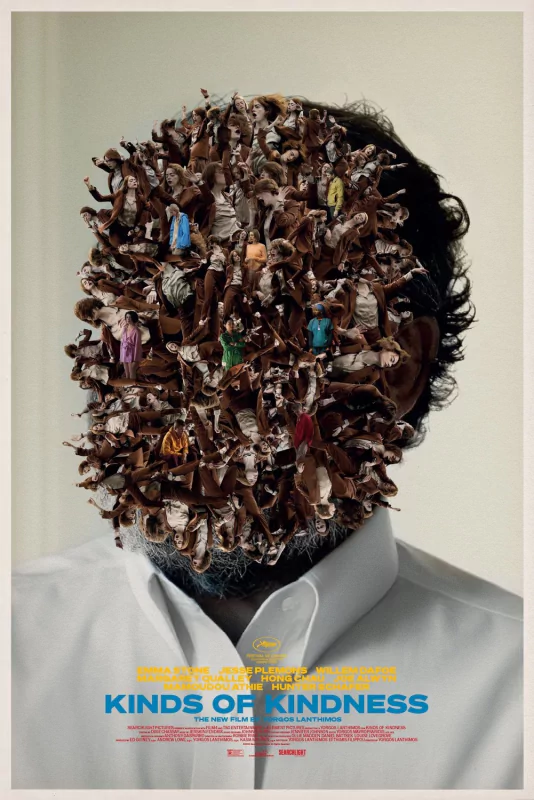 Poster for the movie Kinds of Kindness featuring a man's face made up of numerous small figures, dressed in various colors, blending together.