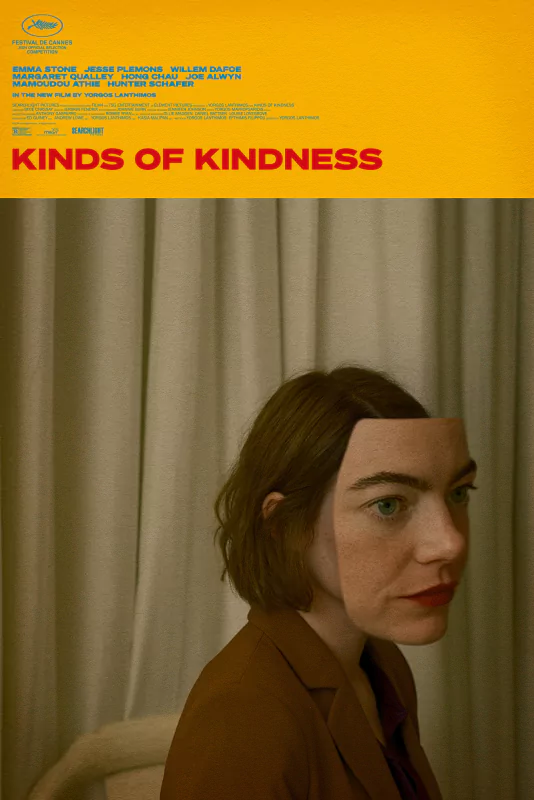The movie poster for Kinds of Kindness features a woman with a distinct, surreal style against a curtain backdrop and a bold yellow banner at the top.