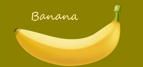 An image from the video game Banana, featuring a detailed illustration of a single yellow banana against a green background with the word Banana written above it.
