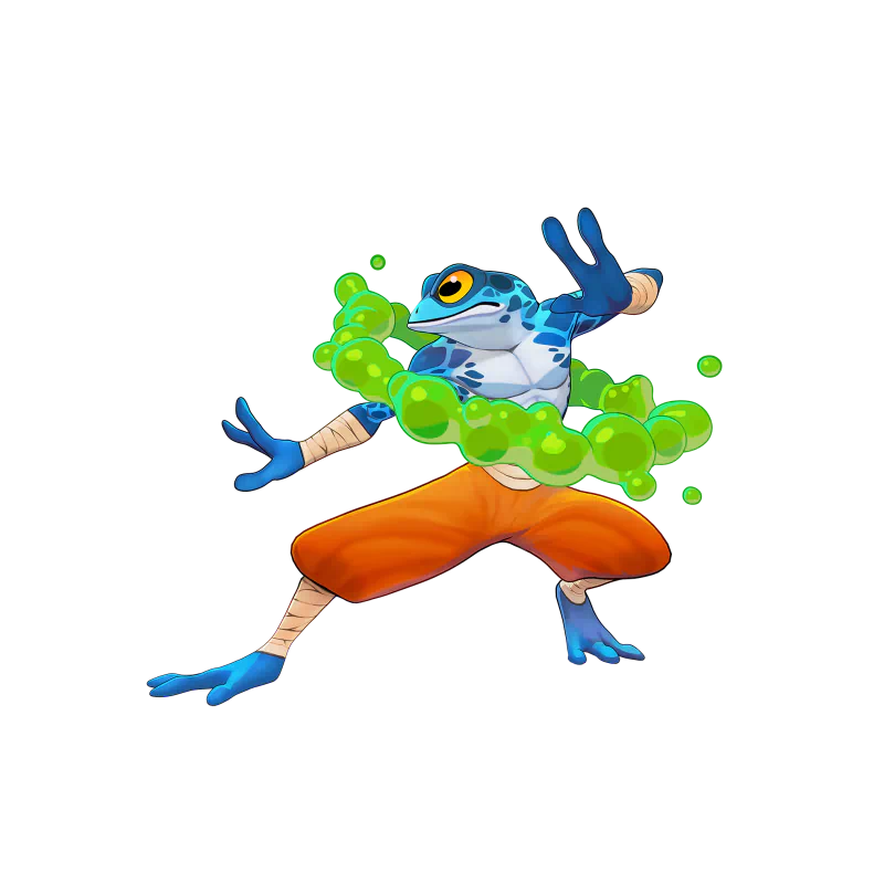 A blue frog character sporting orange pants and green bubbles in the video game Rivals 2.