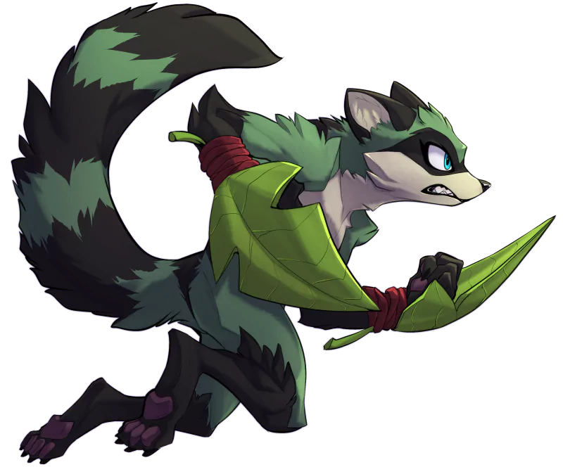 A dynamic, fierce raccoon character with green accents and dual knives, from the video game Rivals 2.