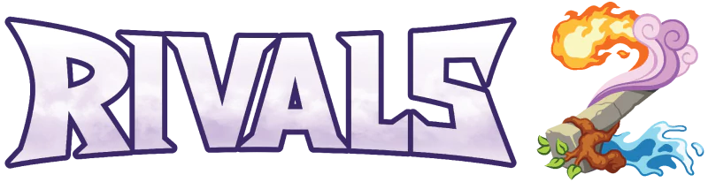 Logo for the video game Rivals 2, featuring the word Rivals in bold letters and a magical staff with elemental effects forming the number 2.