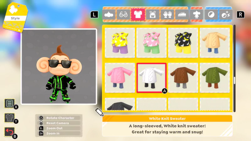 Screenshot of Super Monkey Ball Banana Rumble showing a character selection screen with a monkey wearing sunglasses and a green suit. The clothing menu to the right highlights a white knit sweater with a description.