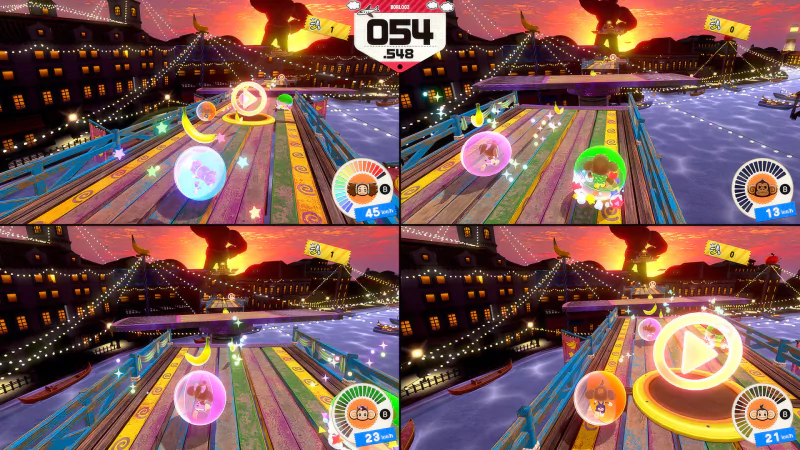 A vibrant sunset backdrop featuring four split-screen gameplay scenes from Super Monkey Ball Banana Rumble. Players navigate colorful tracks, each encased in a rolling ball, racing against the clock.