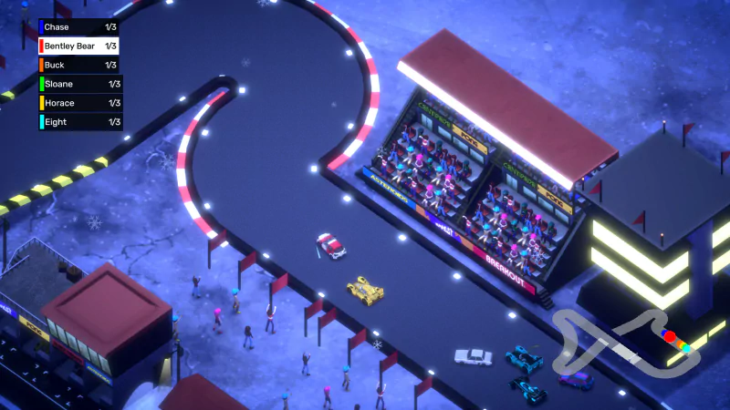 A screenshot from the video game NeoSprint shows a nighttime racing scene with cars speeding around a curved track, spectators in grandstands, and an on-screen leaderboard for the racers.