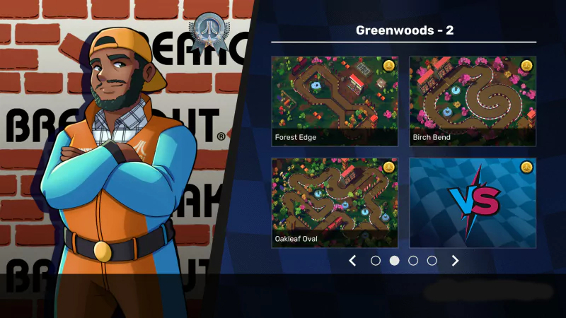A character stands confidently beside a game menu in NeoSprint, showing various race track options including Forest Edge, Birch Bend, and Oakleaf Oval, with a “VS” battle mode option.