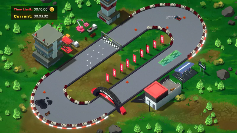 A top-down view of an oval race track from the video game NeoSprint, featuring a finish line, buildings, greenery, and lap time counters in the corner.
