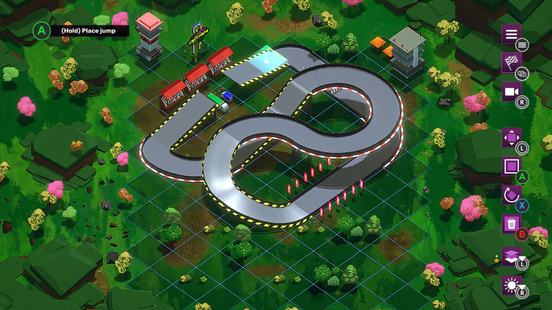 An aerial view of a NeoSprint video game race track, featuring a winding, elevated course surrounded by lush green terrain and colorful trees.