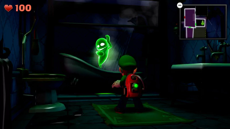 Luigi confronts a glowing green ghost in a dark bathroom setting in the video game Luigi's Mansion 2. The interface displays a health meter and a mini-map on the screen.