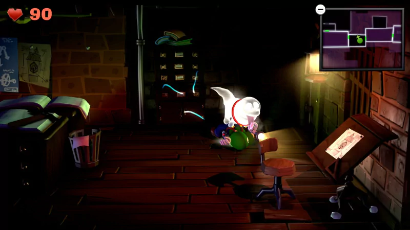 A screenshot from Luigi's Mansion 2 shows Luigi in a dark room being attacked by a ghost, with minimal lighting and a map visible in the corner of the screen.
