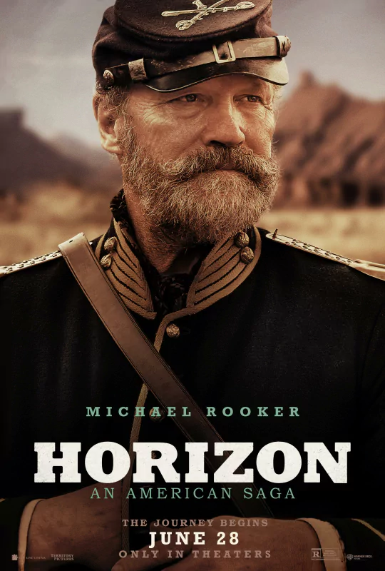 Movie poster for Horizon: An American Saga - Chapter 1 featuring Michael Rooker in character attire. Text reads: The Journey Begins June 28 Only in Theaters.