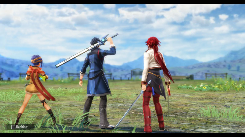 Three characters from The Legend of Heroes: Trails through Daybreak stand in an expansive grassy field, prepared for action. One holds a large sword aloft, while the other two look ahead to the horizon.