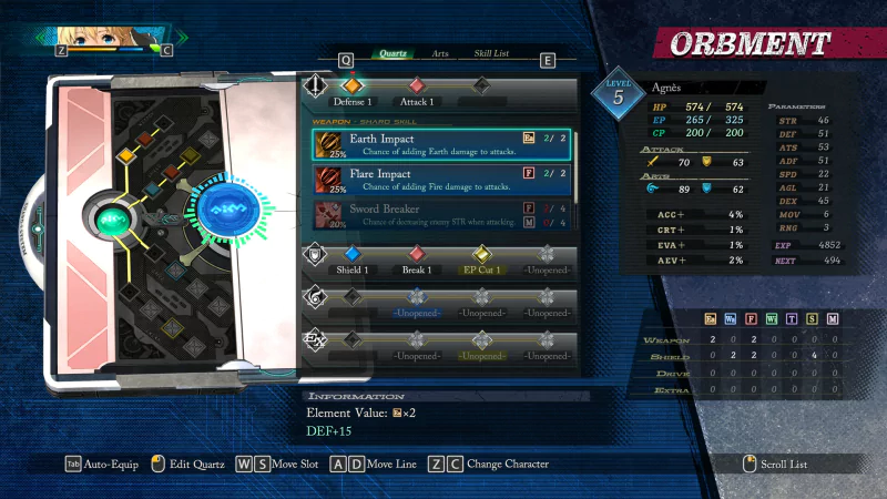 An in-game menu from The Legend of Heroes: Trails through Daybreak shows character stats and equipped abilities within the Orbment system.
