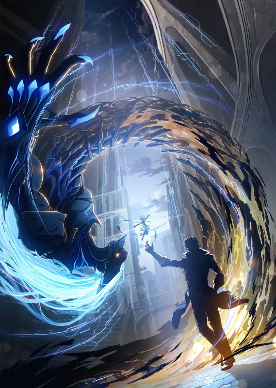 A character in The Legend of Heroes: Trails through Daybreak stands ready for battle against a massive, glowing, dragon-like creature in an intense, swirling vortex of light and shadow.