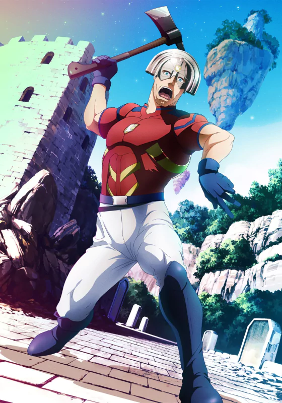 Anime image from Suicide Squad Isekai depicting a muscular character with a hammer in a fantastical setting with floating rocks and a castle in the background.