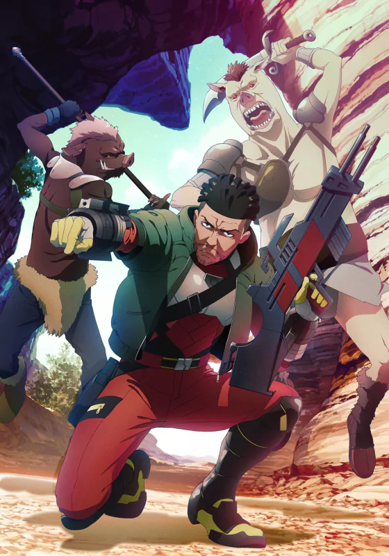 Anime characters from Suicide Squad Isekai strike dynamic action poses in a canyon setting, with one holding a weapon and two anthropomorphic figures brandishing melee weapons.