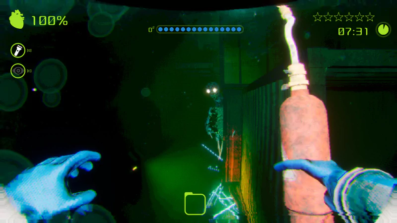 A screenshot from the video game Murky Divers, showing a player's first-person view holding a lit torch and encountering bioluminescent underwater creatures in a dark, submerged environment.