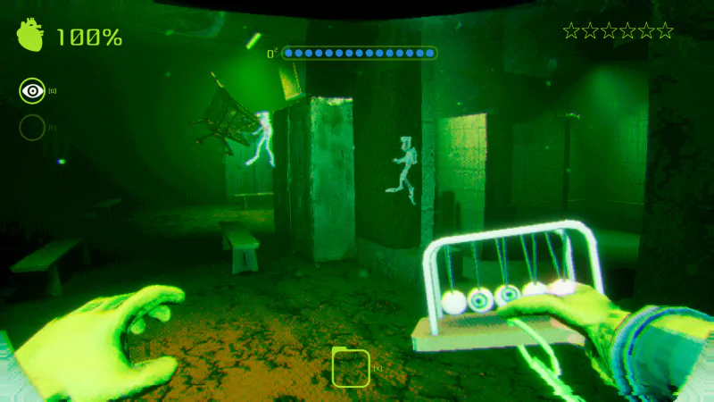A screenshot from the video game Murky Divers, showing a first-person view with glowing green hands and a tool, navigating an underwater environment with two ghostly figures in the distance.