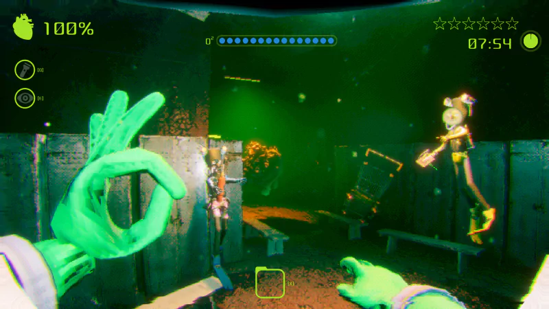 A first-person view of the video game Murky Divers. Green-gloved hands are visible as the player navigates an underwater scene with sunken debris and a diver approaching.